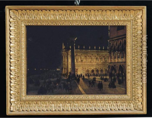 Venezia, Veduta Notturna Della Piazzetta Verso La Zecca Oil Painting - Carlo Grubacs