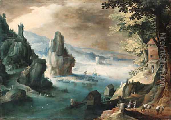 An estuary with travellers on a path before a house, a harbor beyond Oil Painting - Tobias van Haecht (see Verhaecht)
