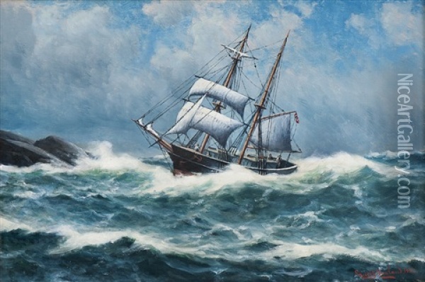 Sailing Ship By The Coast Oil Painting - Lauritz Haaland