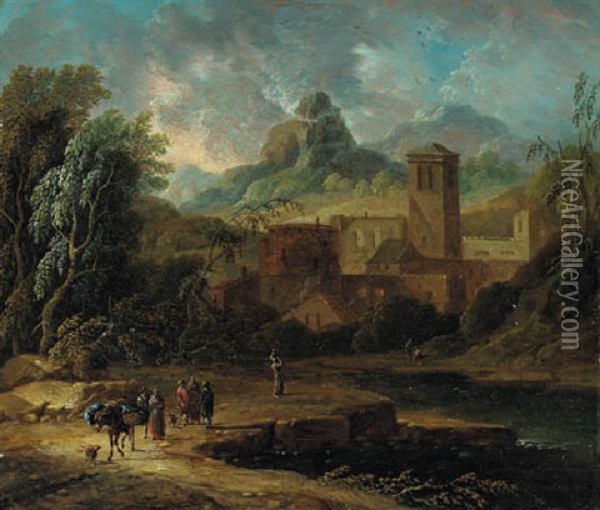 An Italianate Landscape With Travellers And A Packmule On A River Bank Oil Painting - Christian Hilfgott Brand