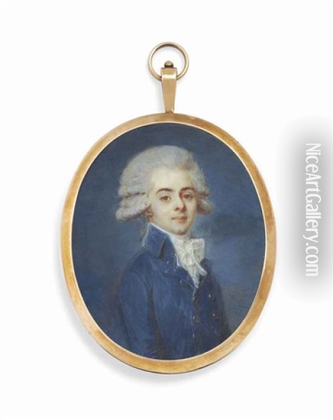 A Boy, In Double-breasted Blue Coat With Silver Buttons, White Lace Cravat, Powdered Hair Oil Painting - Louis-Andre Fabre