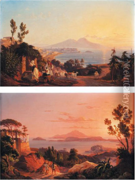 Vues D'italie < Naples Du Posilip > Et < Le Golfe De Baja > Oil Painting - Carl Wilhelm Goetzloff