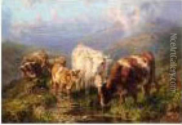Cattle Watering Oil Painting - William Watson