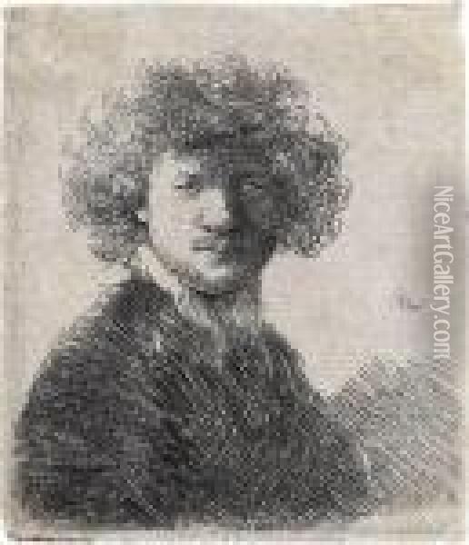 Self Portrait With Curly Hair And White Collar: Bust Oil Painting - Rembrandt Van Rijn