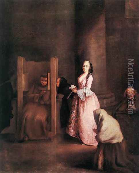 The Confession Oil Painting - Pietro Falca (see Longhi)