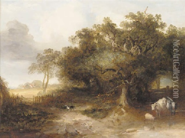 Cattle And A Sheep Watering In A Wooded Landscape, Lane End, Buckinghamshire Oil Painting - Edmund John Niemann