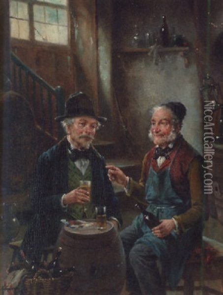 Two Men Drinking At An Inn Oil Painting - Lajos Koloszvary