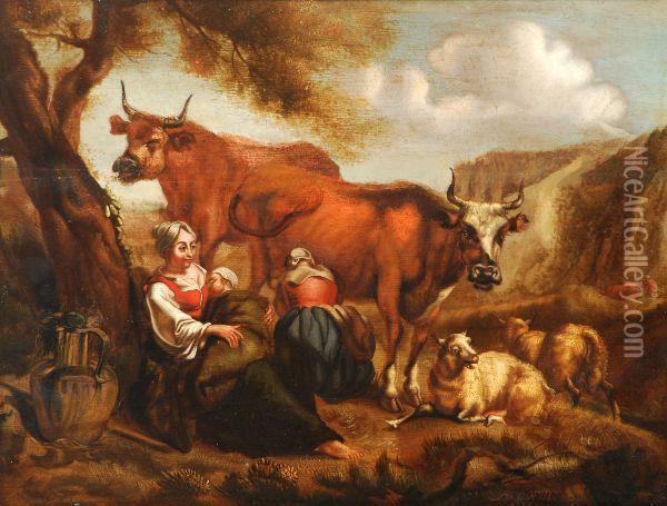 Milkmaidswith A Sleeping Child, 
Cows And Sheep In A Mountainouslandscape Oil Painting - Abraham Borm