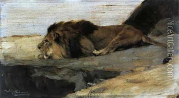 Lowe Auf Der Lauer Oil Painting - Wilhelm Friedrich Kuhnert