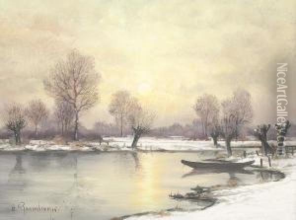 See Bei Winterlichem Sonnenuntergang Oil Painting - Alfred Rasenberger