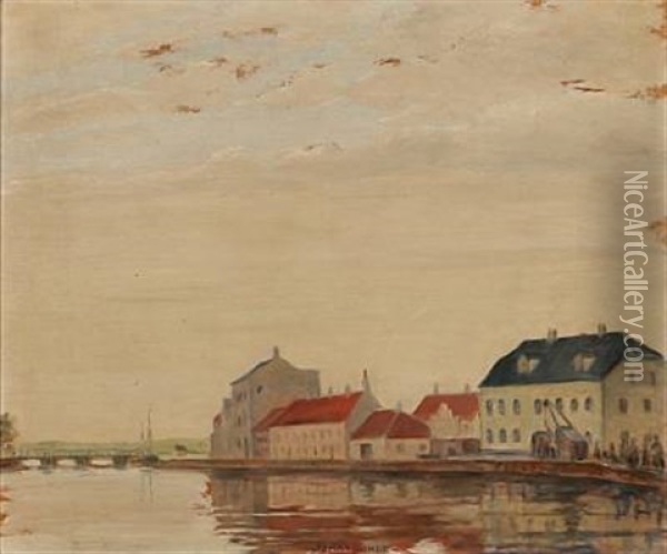 Harbour Scene From Randers, Denmark Oil Painting - Johan Rohde