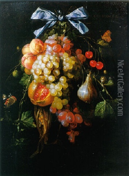A Swag Of Grapes, Peaches, A Pomegranate, Cherries, Maize, And A Quince Hanging From A Blue Ribbon, A Snail And Butterflies Nearby Oil Painting - Cornelis De Heem