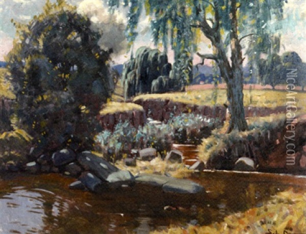 A Verdant Riverside Landscape Oil Painting - Sydney Carter