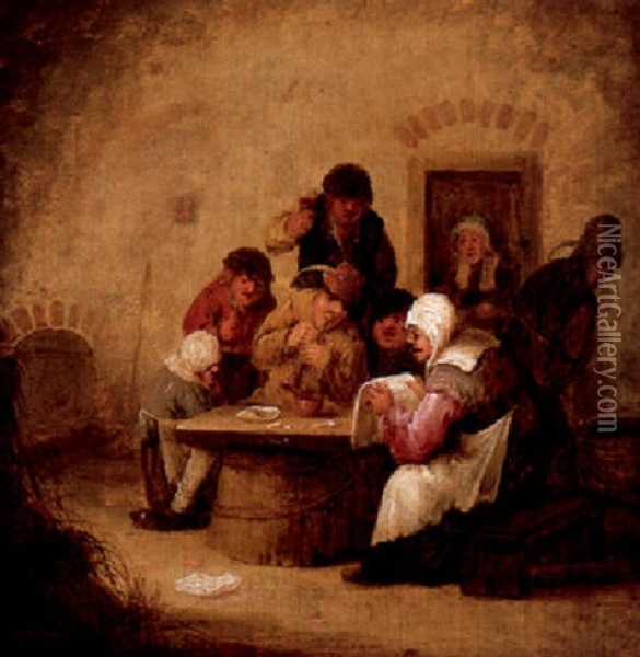 Eine Alte Frau Liest An Einem Tisch Versammelten Bauern Vor Oil Painting - Bartholomeus Molenaer