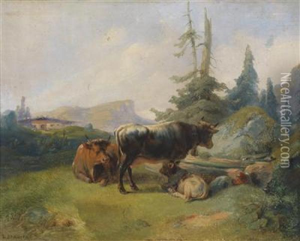 Cows Reposing On An Alp Oil Painting - Leopold Ii Brunner