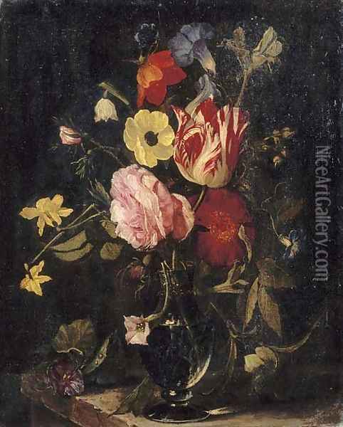 Roses, tulips, an iris, pansies and an anemone in a glass vase on a stone ledge Oil Painting - Daniel Seghers