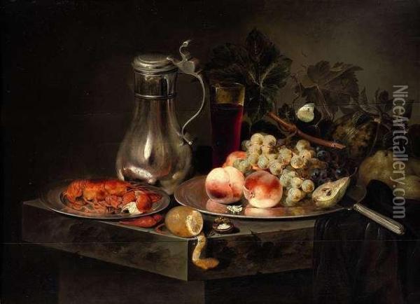 Still-lifewith Fruit, Crayfish, Cylindrical Glass And A Tin Vessel Oil Painting - Theodor Mattenheimer