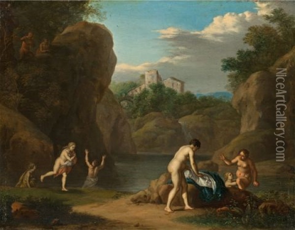 Bathing Nymphs, Surprised By Satyrs Oil Painting - Daniel Vertangen