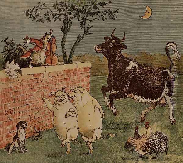 The Cat and the Fiddle and the Cow - Illustrations from Hey Diddle Diddle Oil Painting - Randolph Caldecott