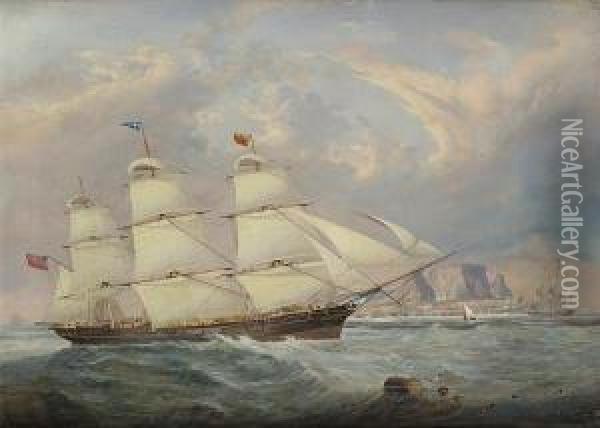 A British Three-masted Merchantman In Twopositions In Table Bay As She Runs Into Cape Town Oil Painting - John Scott