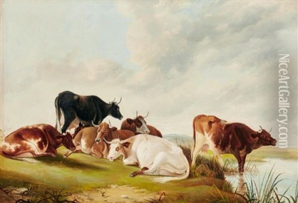 Cattle Resting By A River Oil Painting - Thomas Sidney Cooper