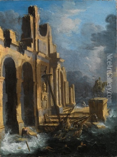 A Ship Wreck Near A Coast With Ruins In Rough Seas Oil Painting - Leonardo Coccorante