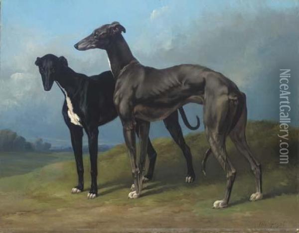 Greyhounds In A Landscape Oil Painting - Henri D'Annecy (Comte De) Montpezat