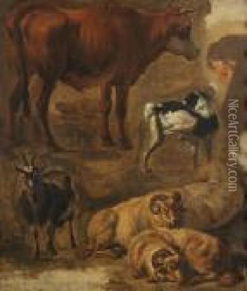 Studie Voor Koe, Hond, Drie Schapen En Geit Oil Painting - Louis Marie Dominique Romain Robbe