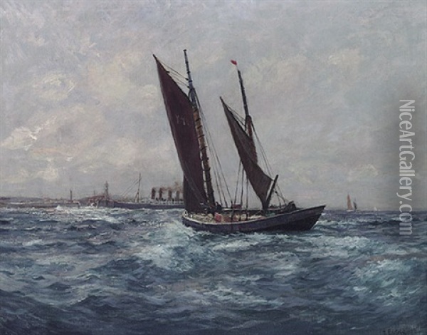 Nordliche Hafeneinfahrt Mit Dampfschiff Und Segelboot Oil Painting - Alexander Essfeld