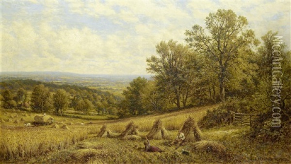 Harvest Scene Near Dorking, Surrey Oil Painting - Alfred Augustus Glendening Sr.