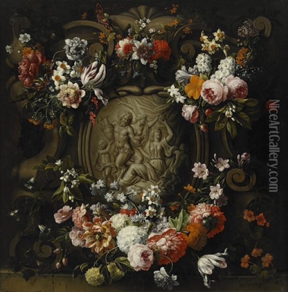 Cartouche With Garland Of Flowers Oil Painting - Frans Ykens