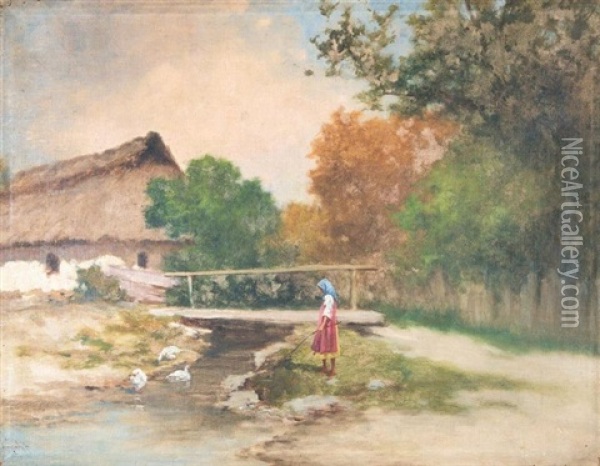 Scene Rurale D'une Fillette Pres D'un Cours D'eau Aux Oies Oil Painting - Antal (Laszlo) Neogrady