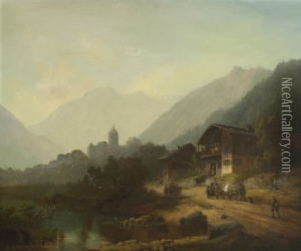 Flusslandschaft Im Gebirge Oil Painting - Anton Doll