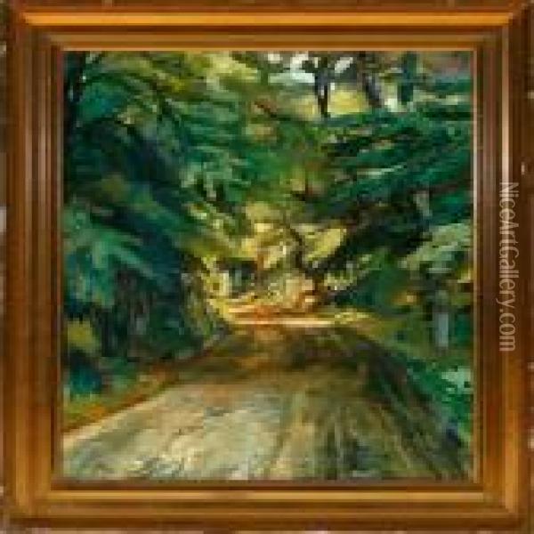 Forest Road On A Calmsummer Day Oil Painting - Peter Marius Hansen