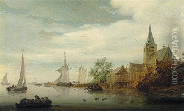 A River Landscape With Sailing Boats By A Village Oil Painting - Salomon van Ruysdael