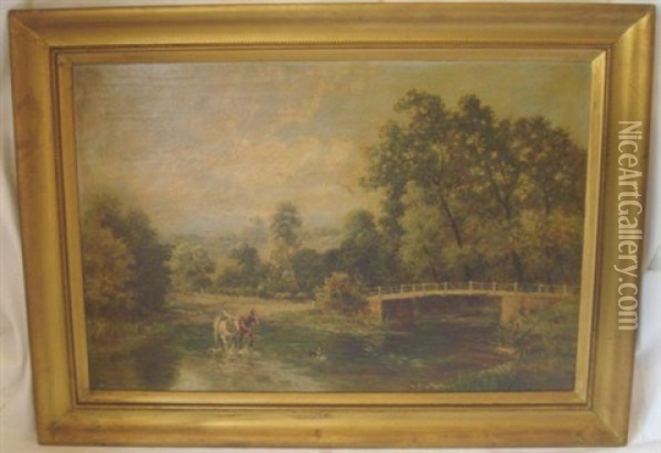 Crossing The Stream And Lakeland Scene (2 Works) Oil Painting - William Langley