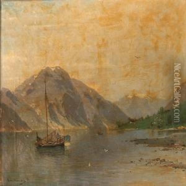 Fiord Scene From Norway Oil Painting - Ludvig Skramstad