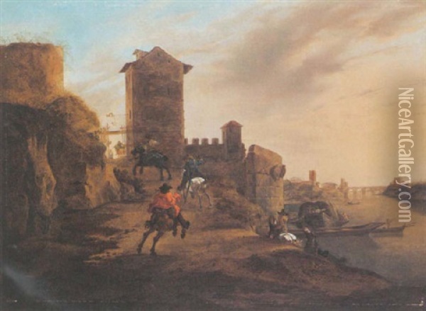 An Italianate Landscape With Horseriders Entering The Torre Lazzaroni, With A View Of The Castel Sant'angelo In The Background Oil Painting - Jan Asselijn