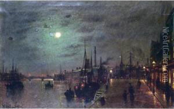 Harbour Scene At Night Oil Painting - Wilfred Jenkins