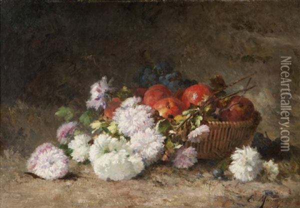 Grapes And Apples In A Wicker Basket, With Chrysanthemums Strewn To The Side Oil Painting - Euphemie Muraton