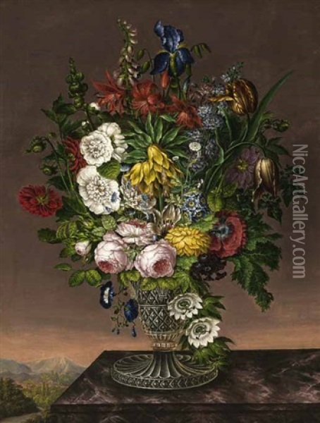 Blumenvase Auf Einer Brustung, Im Hintergrund Weite Landschaft Mit Hausern Oil Painting - Franz Michael Sigmund von Purgau