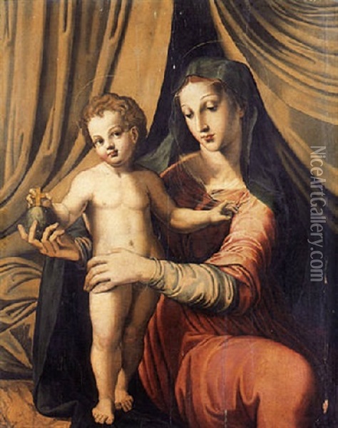 The Madonna And Child Before A Curtain Oil Painting - Marco da Siena Pino