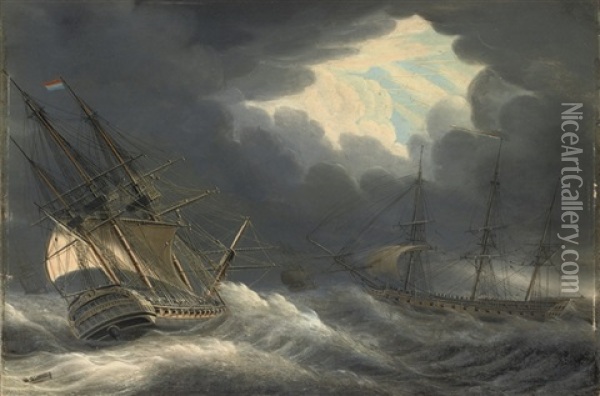 Shipping In Stormy Waters Oil Painting - Engel Hoogerheyden