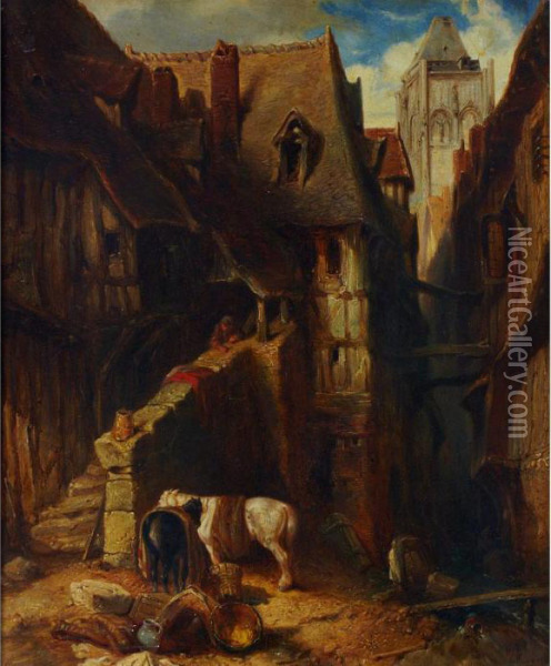 Town Scene With Rustic Watching Over His Horses Oil Painting - Eugene Isabey