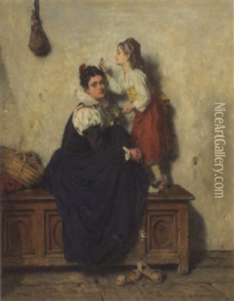 Eine Blume Ins Haar Der Mutter Oil Painting - Alexandre Marie Guillemin
