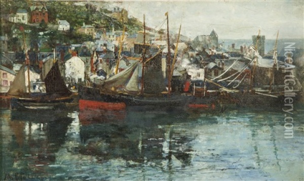 Looe Harbour Oil Painting - John Robertson Reid