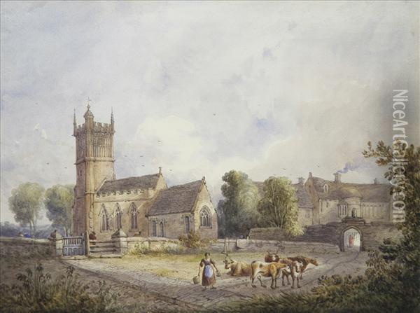 Church And Mansion House With Cattle And, Milkmaid Oil Painting - William of Eton Evans