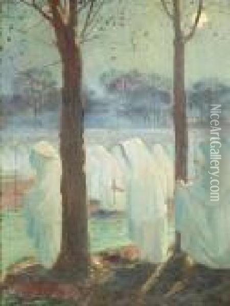 Nightly Procession At Riverside. Oil/canvas, Signed Oil Painting - Frederic Montenard