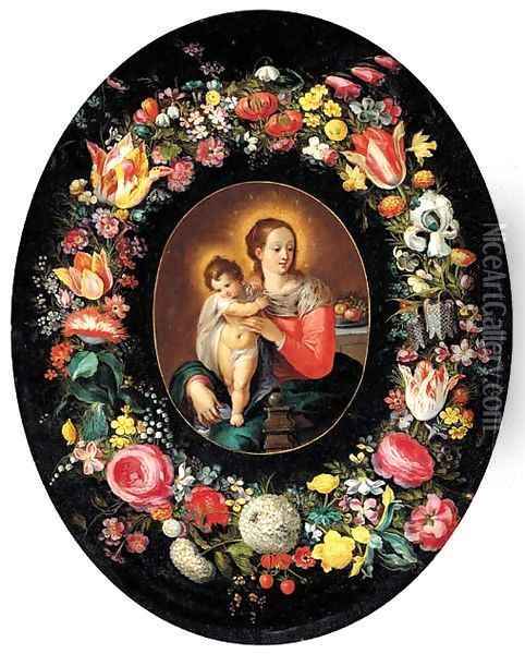 A garland of flowers surrounding a medallion of the Virgin and Child Oil Painting - Frans II Francken