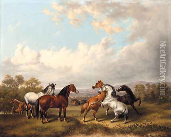 Horses in a Meadow Oil Painting - Charles Towne